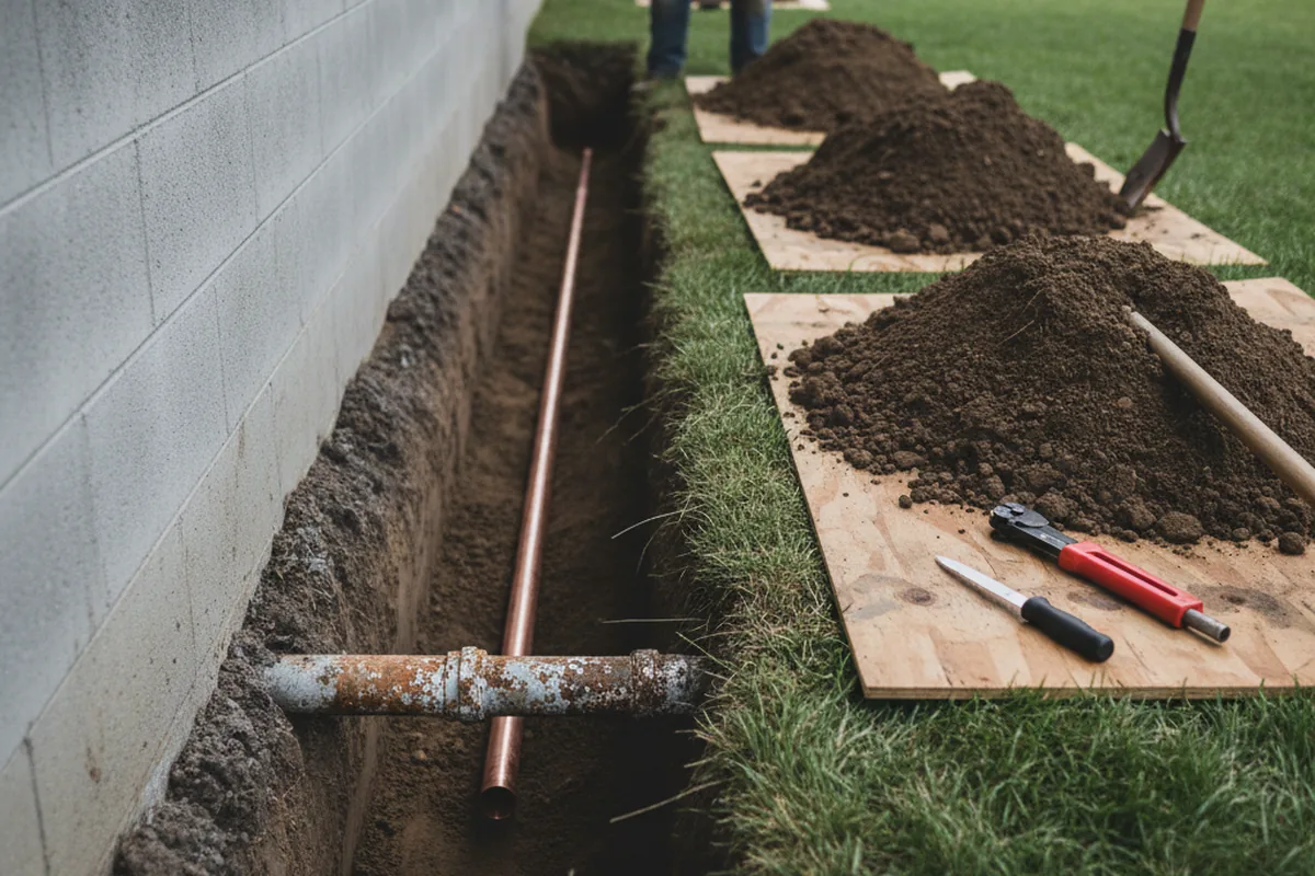 Excavated water line trench during Water Softener Installation in Dickinson